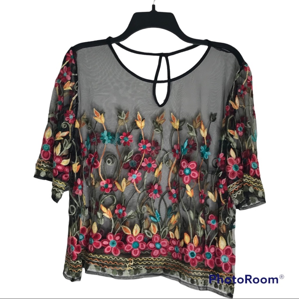 Sheer Embroidered Floral Short Sleeve Plus Size Top